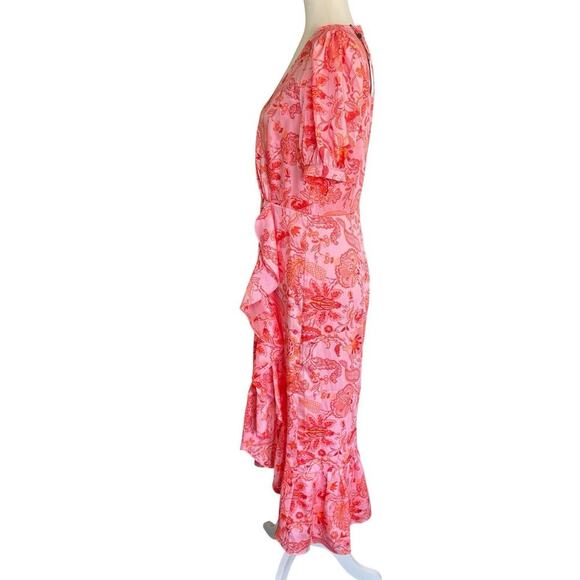 Cinq a Sept Kay Ruffle Midi Dress English Rose Pink Orange Floral Sz 6 Fairycore - Picture 3 of 13
